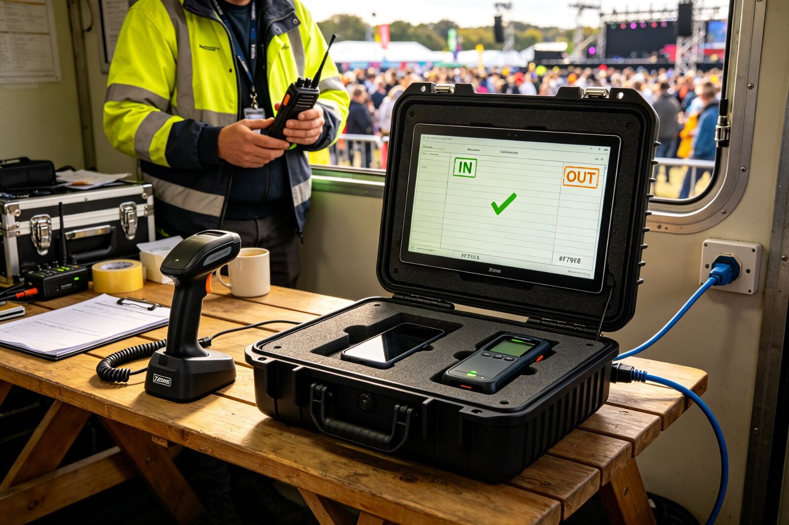 KitHolder flight case opened on a festival production desk with scanner, handheld radio and live IN/OUT board