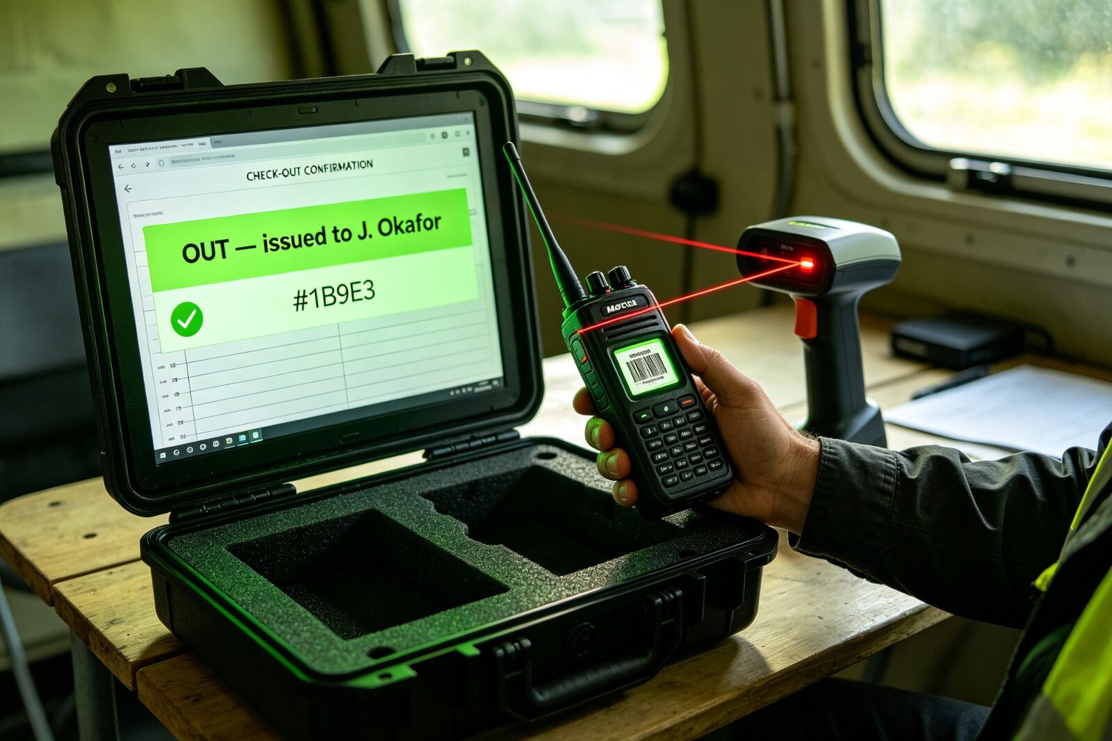 Radio being scanned at check-out with laser and green confirmation on screen