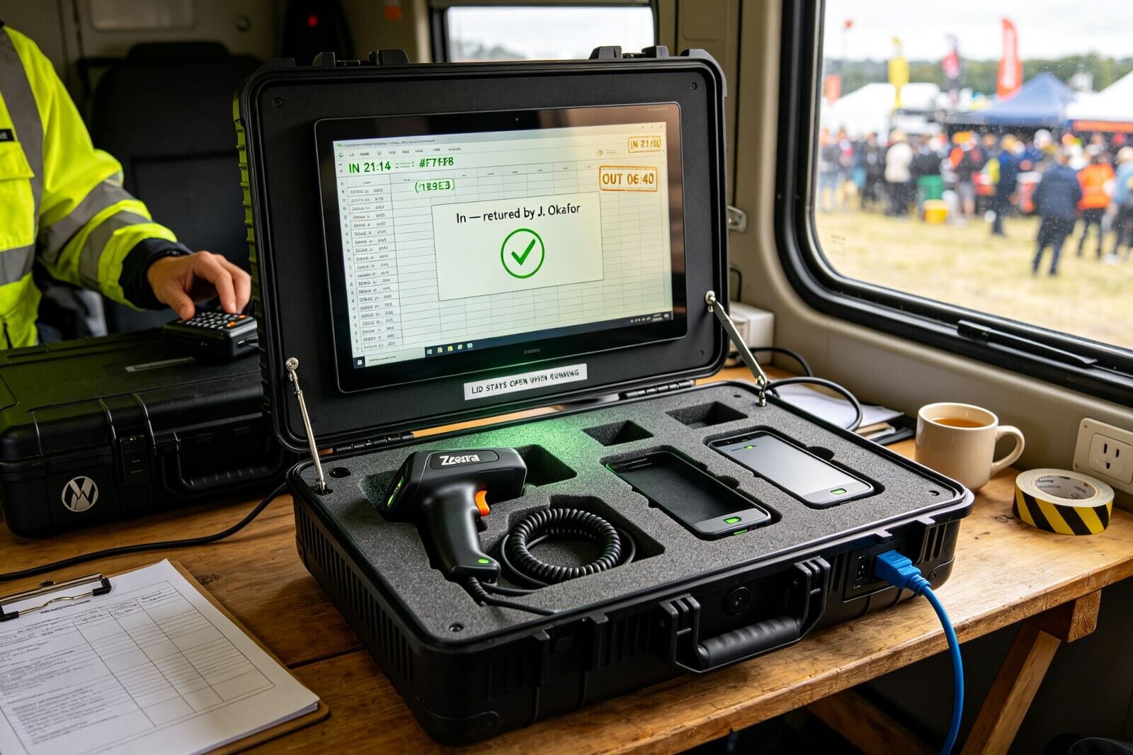 KitHolder case open on a production desk, showing a check-in confirmation with green tick